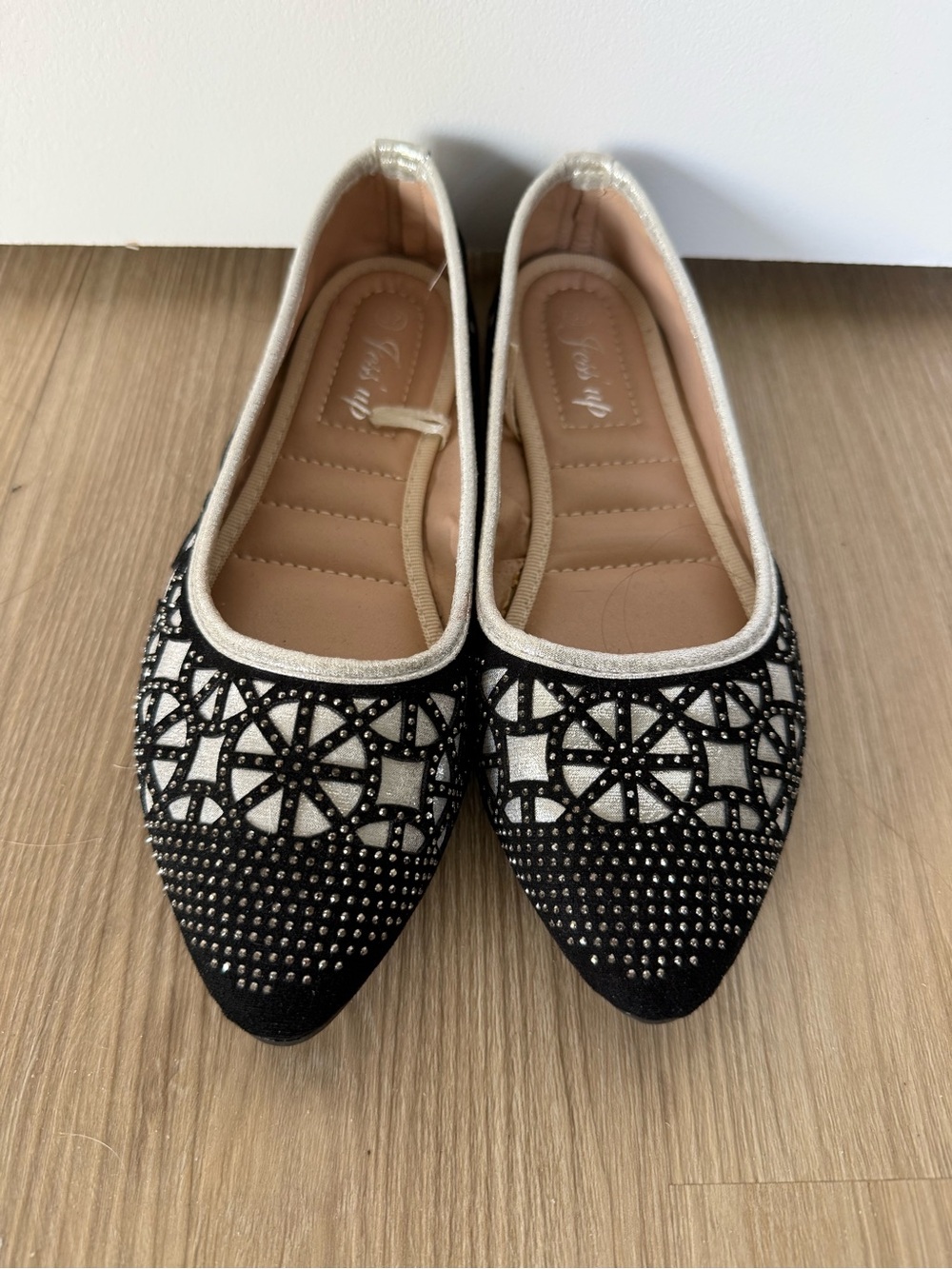 Studded Black and Cream Pointed Ballet Flats
